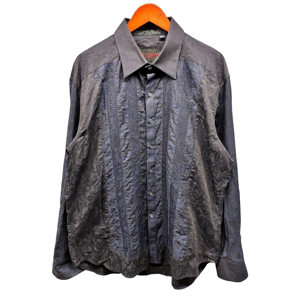 Robert Graham Embroidered Button Down Shirt Mens 2XL Navy Blue Flip Cuff Cotton